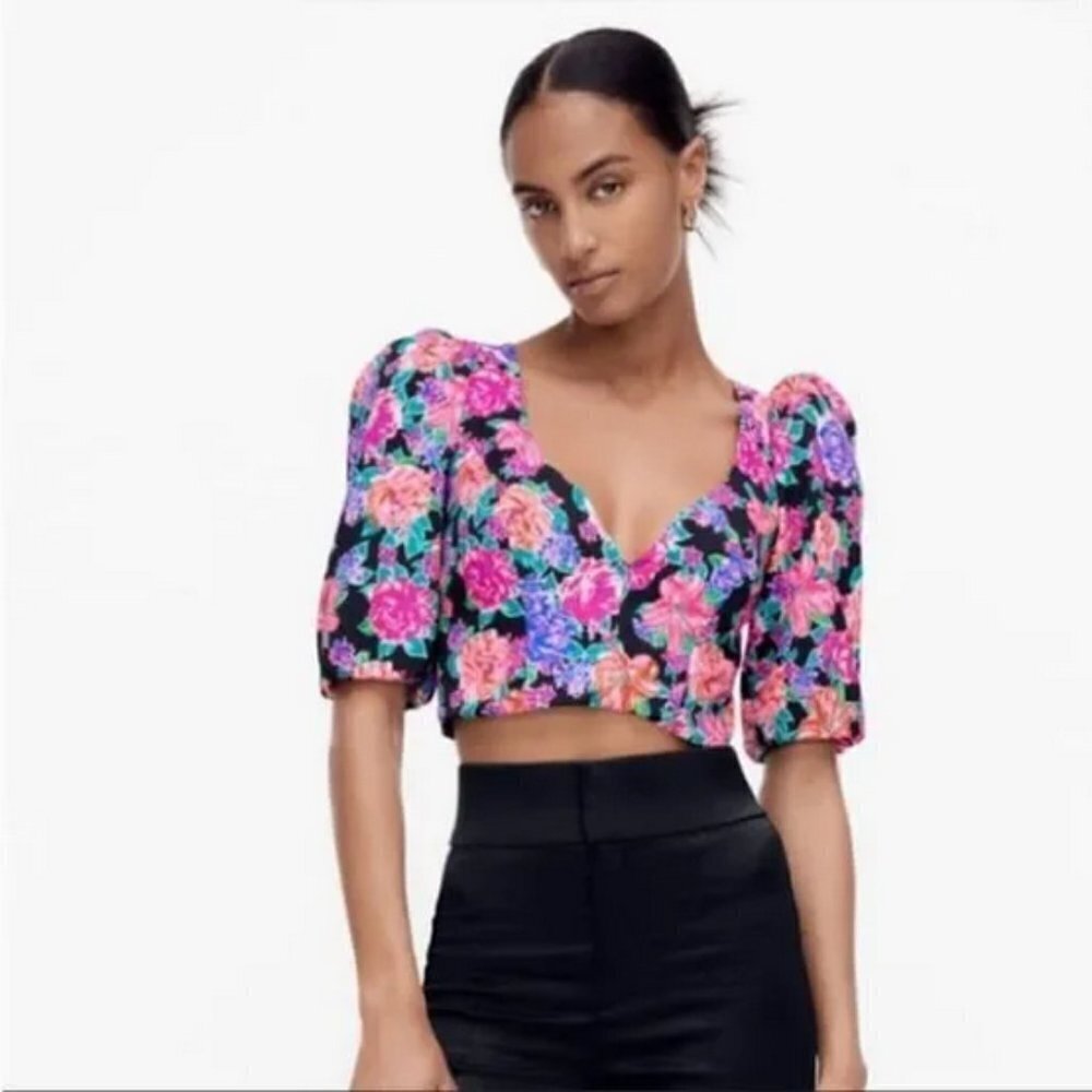 Zara Black Floral Puff Sleeve Crop Top with Pink & Purple Flowers